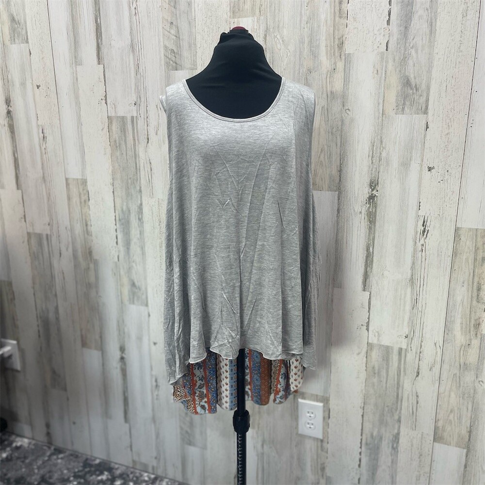 Womens Tunic Tank Top Size 2XL Gray Boho Patchwork Back High-Low Hem